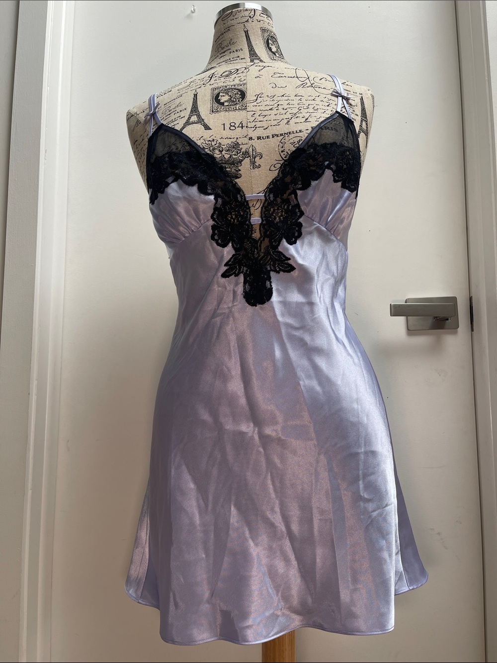 Frederick's of Hollywood Lilac Satin Chemise with Black Lace